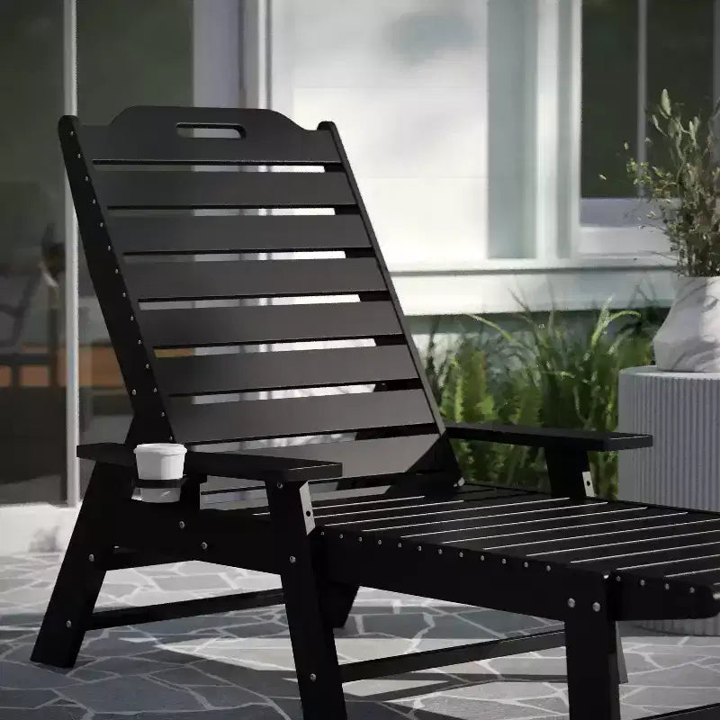 Merrick Lane Gaylord Adjustable Adirondack Lounger with Cup Holder- All-Weather Indoor/Outdoor HDPE Lounge Chair in Black