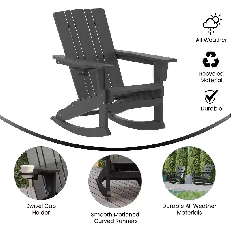 Emma and Oliver Adirondack Rocking Chair with Cup Holder, Weather Resistant HDPE Adirondack Rocking Chair
