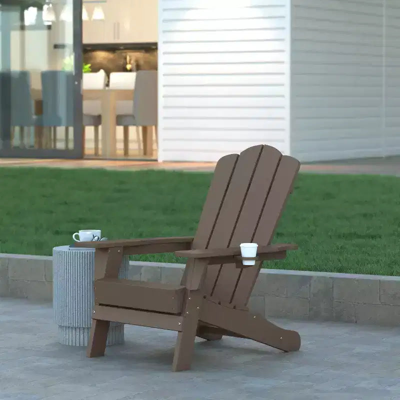Emma and Oliver Set of 2 Adirondack Chairs with Cup Holders, Weather Resistant HDPE Adirondack Chairs