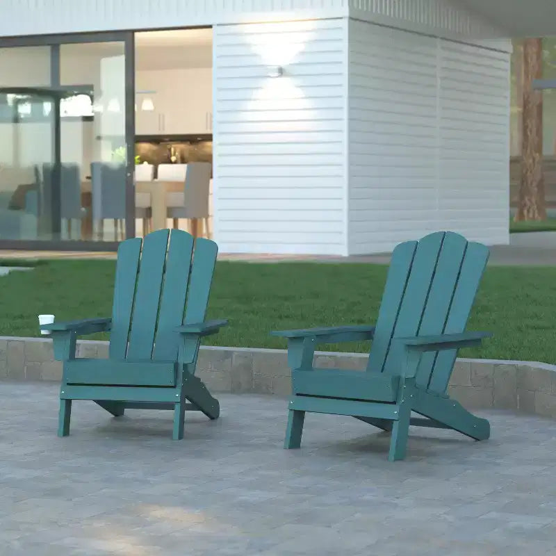 Emma and Oliver Set of 2 Adirondack Chairs with Cup Holders, Weather Resistant HDPE Adirondack Chairs