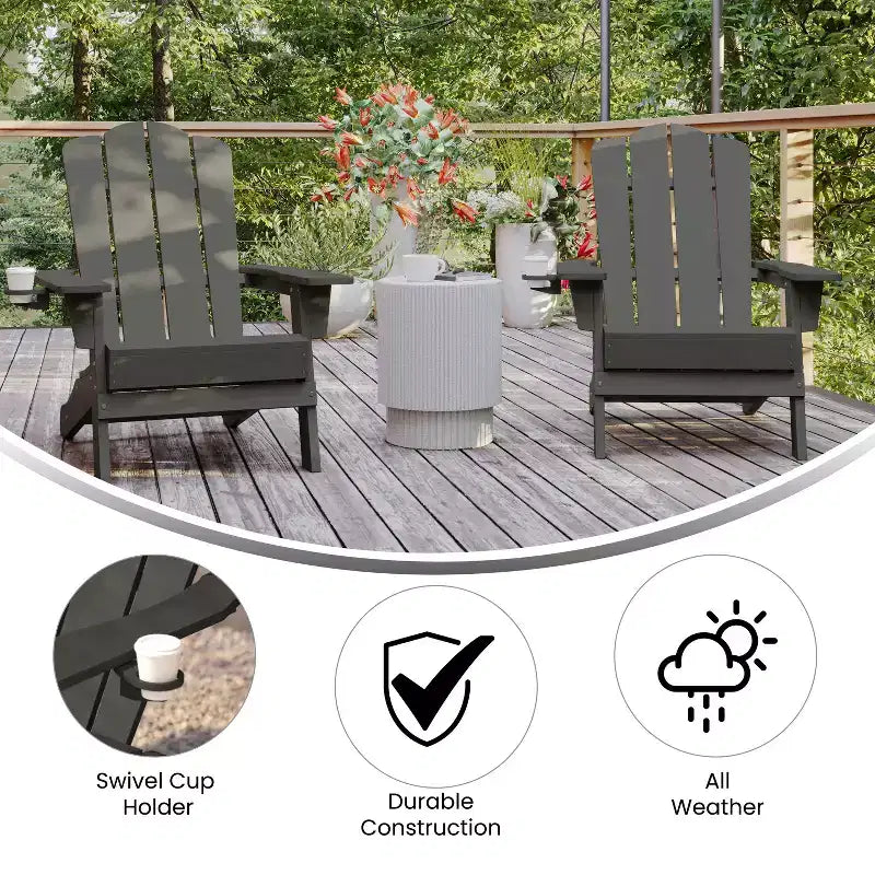Emma and Oliver Set of 2 Adirondack Chairs with Cup Holders, Weather Resistant HDPE Adirondack Chairs