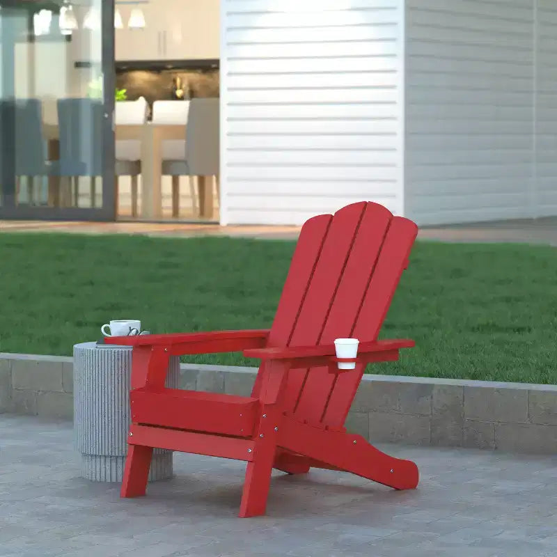 Emma and Oliver Set of 2 Adirondack Chairs with Cup Holders, Weather Resistant HDPE Adirondack Chairs