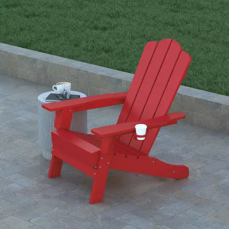 Emma and Oliver Set of 2 Adirondack Chairs with Cup Holders, Weather Resistant HDPE Adirondack Chairs