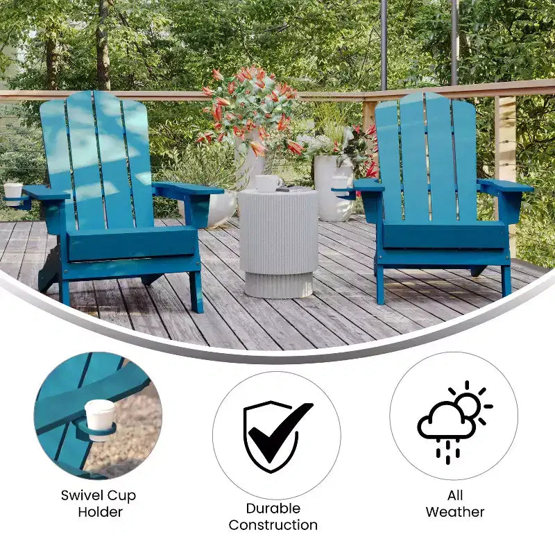 Emma and Oliver Set of 2 Adirondack Chairs with Cup Holders, Weather Resistant HDPE Adirondack Chairs