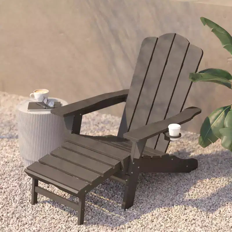 Flash Furniture Newport HDPE Adirondack Chair with Cup Holder and Pull Out Ottoman, All-Weather HDPE Indoor/Outdoor Lounge Chair