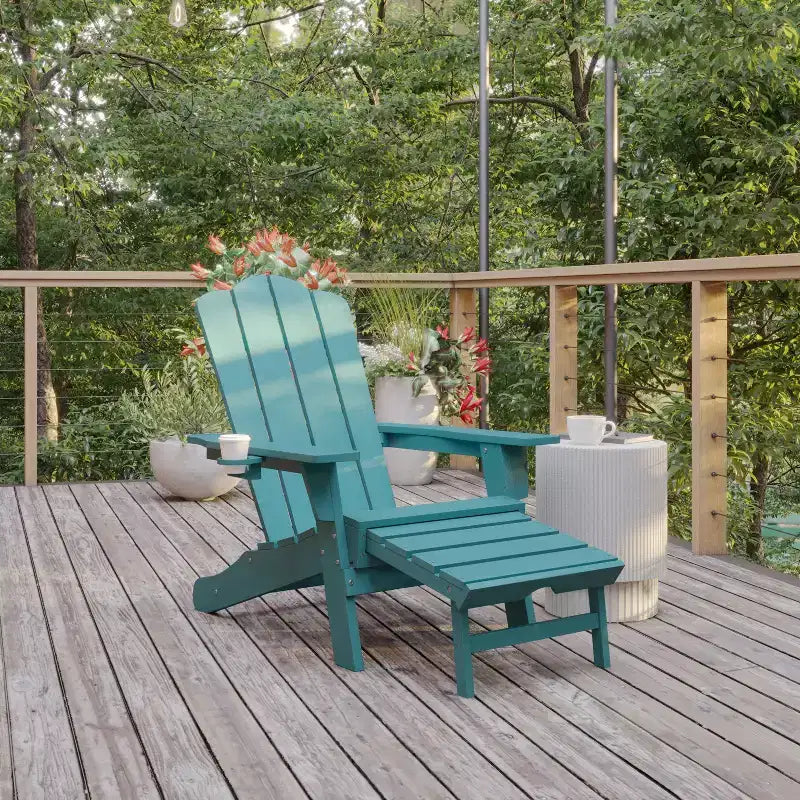 Flash Furniture Newport HDPE Adirondack Chair with Cup Holder and Pull Out Ottoman, All-Weather HDPE Indoor/Outdoor Lounge Chair
