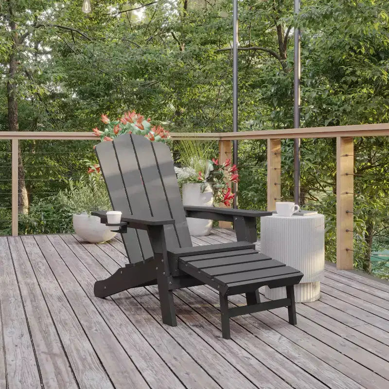 Flash Furniture Newport HDPE Adirondack Chair with Cup Holder and Pull Out Ottoman, All-Weather HDPE Indoor/Outdoor Lounge Chair