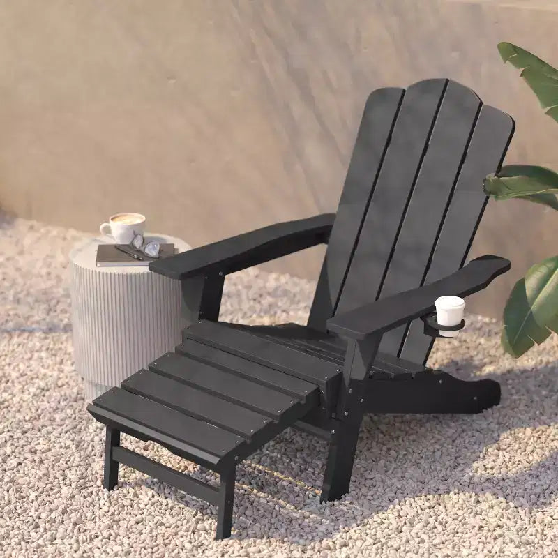 Flash Furniture Newport HDPE Adirondack Chair with Cup Holder and Pull Out Ottoman, All-Weather HDPE Indoor/Outdoor Lounge Chair