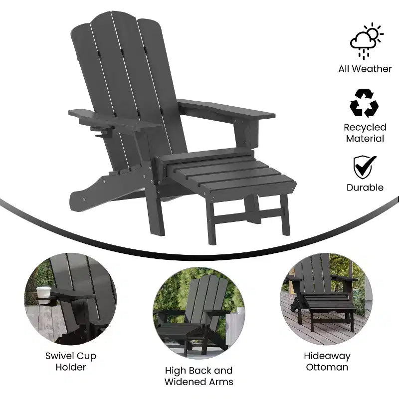 Flash Furniture Newport HDPE Adirondack Chair with Cup Holder and Pull Out Ottoman, All-Weather HDPE Indoor/Outdoor Lounge Chair