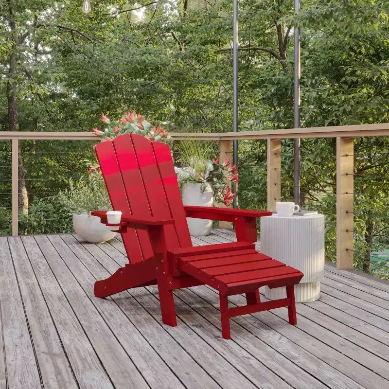 Flash Furniture Newport HDPE Adirondack Chair with Cup Holder and Pull Out Ottoman, All-Weather HDPE Indoor/Outdoor Lounge Chair