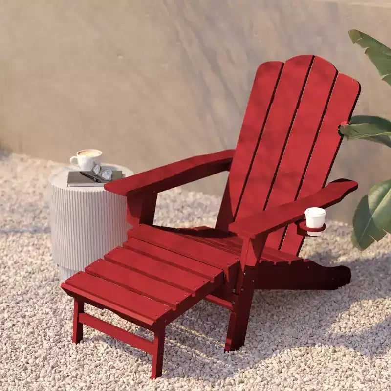Flash Furniture Newport HDPE Adirondack Chair with Cup Holder and Pull Out Ottoman, All-Weather HDPE Indoor/Outdoor Lounge Chair