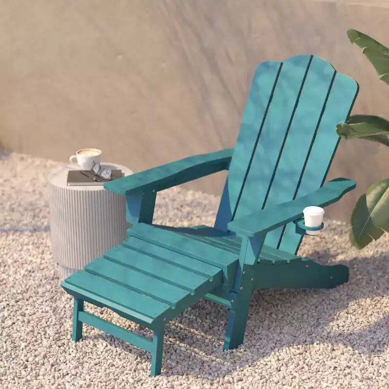 Flash Furniture Newport HDPE Adirondack Chair with Cup Holder and Pull Out Ottoman, All-Weather HDPE Indoor/Outdoor Lounge Chair
