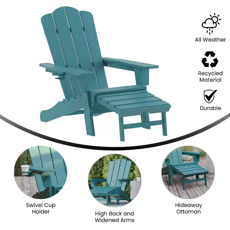 Flash Furniture Newport HDPE Adirondack Chair with Cup Holder and Pull Out Ottoman, All-Weather HDPE Indoor/Outdoor Lounge Chair