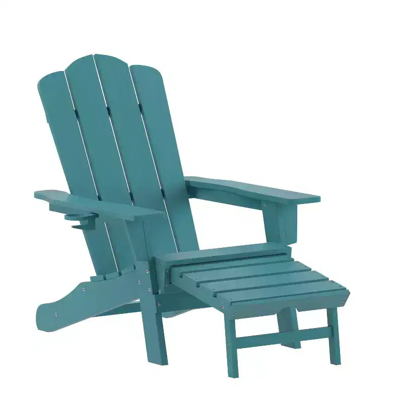 Flash Furniture Newport HDPE Adirondack Chair with Cup Holder and Pull Out Ottoman, All-Weather HDPE Indoor/Outdoor Lounge Chair