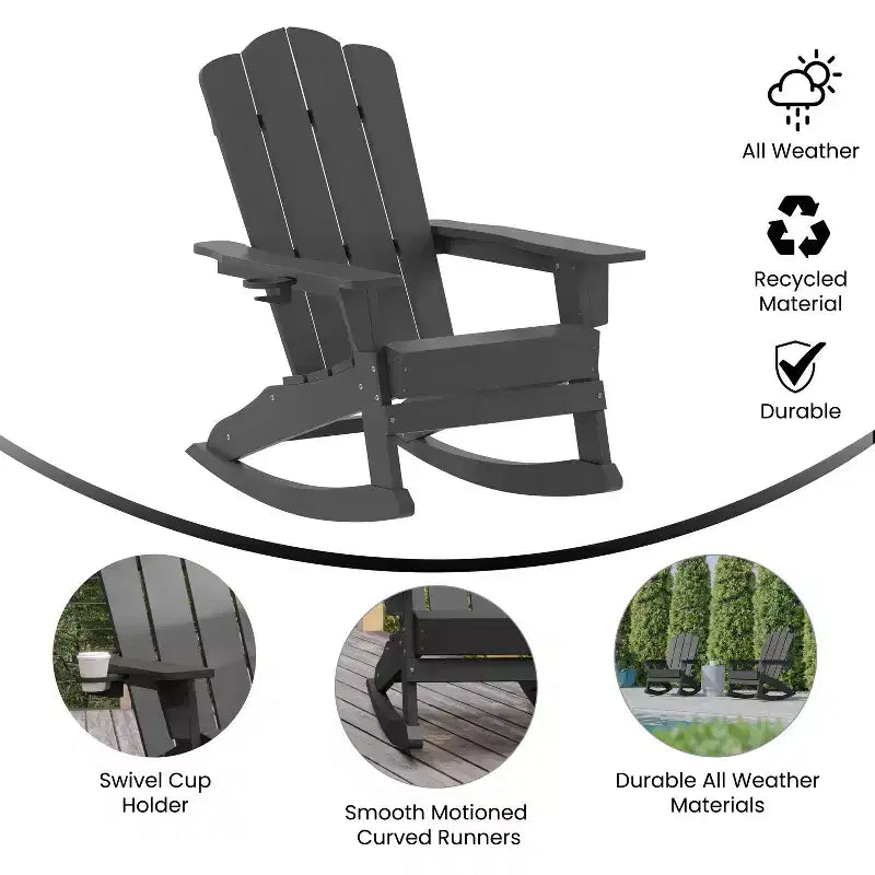 Flash Furniture Newport Adirondack Rocking Chair with Cup Holder, Weather Resistant HDPE Adirondack Rocking Chair