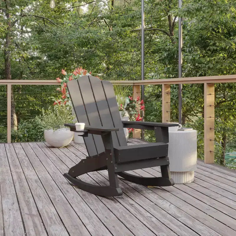 Flash Furniture Newport Adirondack Rocking Chair with Cup Holder, Weather Resistant HDPE Adirondack Rocking Chair