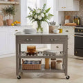 Rolling Kitchen Cart with Marble Top Solid Wood Kitchen Island Cart with 2 Drawers 3-Tier Kitchen Trolley with Lockable Detachable Wheels & Towel Rack