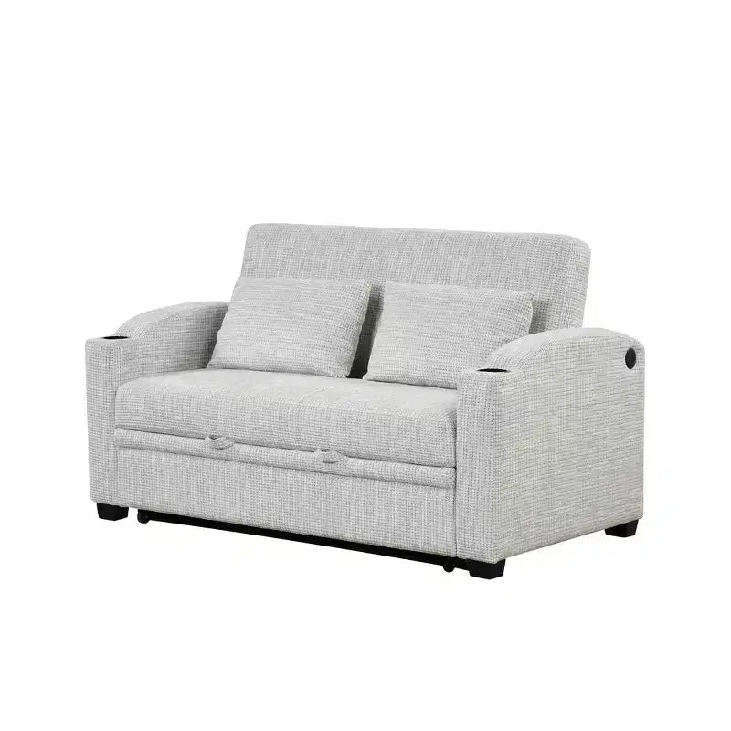 61.6 Modern Chenille Convertible Sofa Bed with USB Ports, Cup Holders & Adjustable Backrest for Living Room, Apartment
