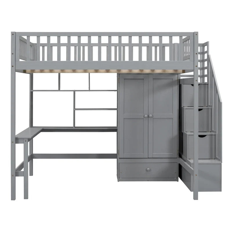Lit mezzanine en pin avec bureau et rangements