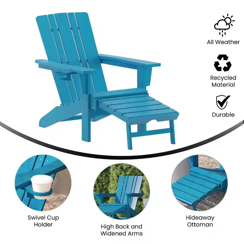 Emma and Oliver Set of 2 Adirondack Chairs with Cup Holders and Pull Out Ottoman, All-Weather HDPE Indoor/Outdoor Lounge Chairs