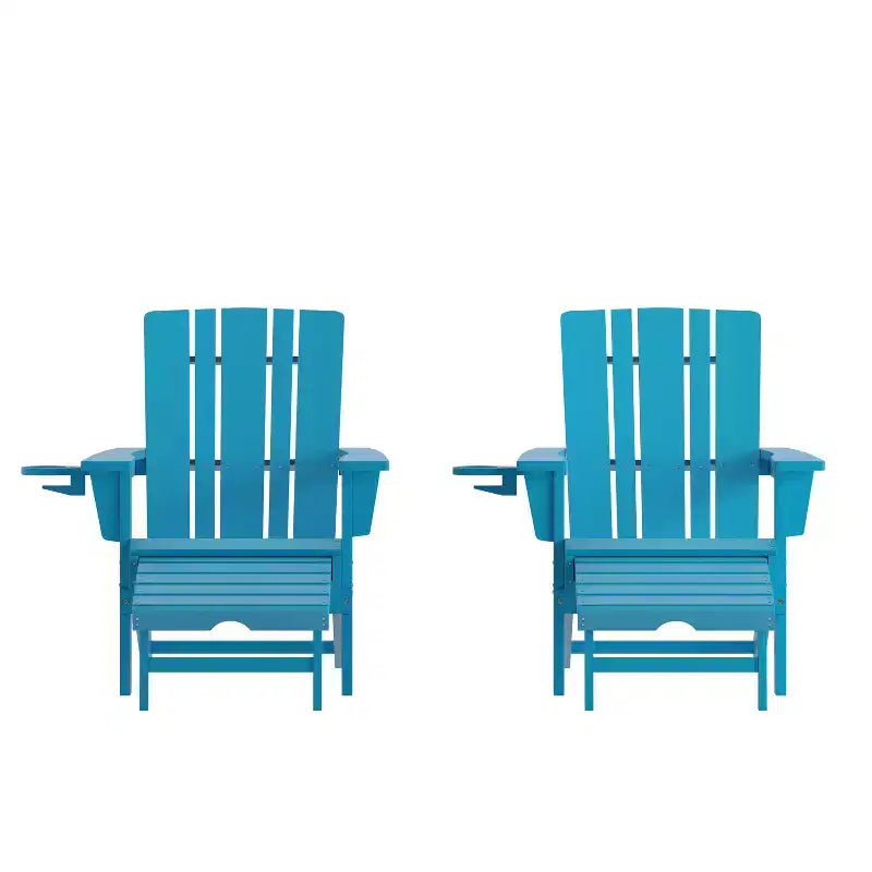 Emma and Oliver Set of 2 Adirondack Chairs with Cup Holders and Pull Out Ottoman, All-Weather HDPE Indoor/Outdoor Lounge Chairs