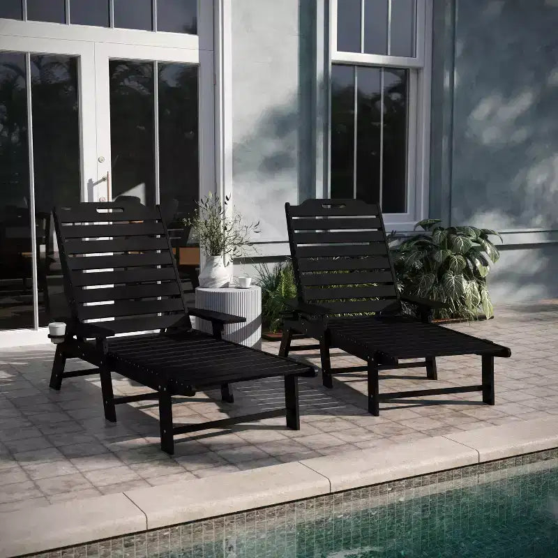 Emma and Oliver Set of 2 Poly Resin Adjustable Adirondack Lounger with Swivel Cup Holder for Indoor/Outdoor Use