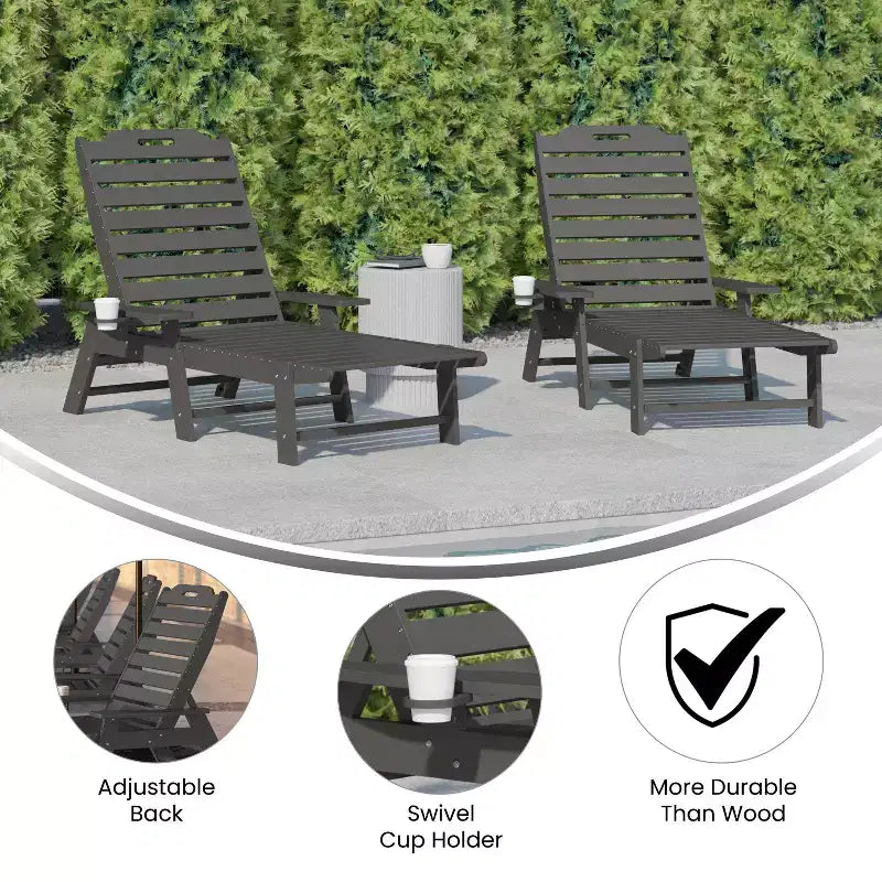 Emma and Oliver Set of 2 Poly Resin Adjustable Adirondack Lounger with Swivel Cup Holder for Indoor/Outdoor Use