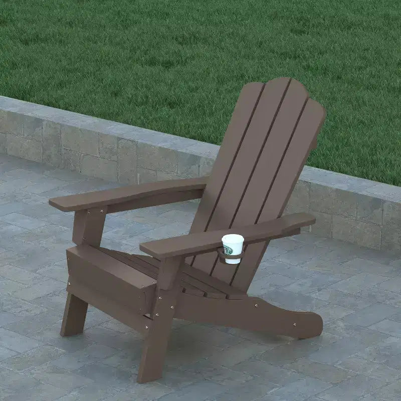 Emma and Oliver Set of 4 Adirondack Chairs with Cup Holders, Weather Resistant HDPE Adirondack Chairs
