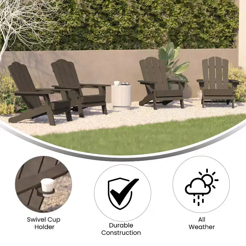 Emma and Oliver Set of 4 Adirondack Chairs with Cup Holders, Weather Resistant HDPE Adirondack Chairs