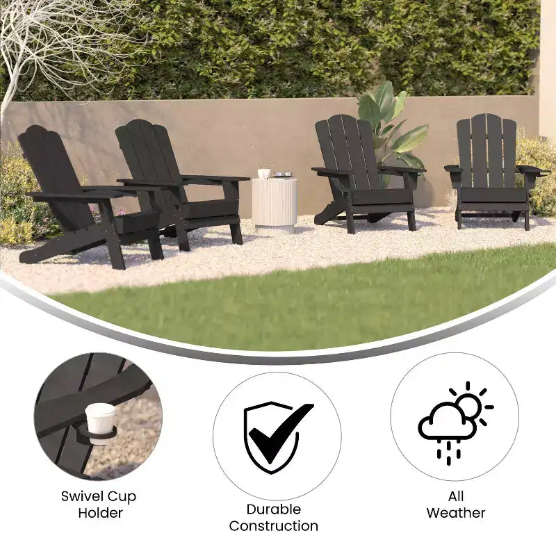 Emma and Oliver Set of 4 Adirondack Chairs with Cup Holders, Weather Resistant HDPE Adirondack Chairs