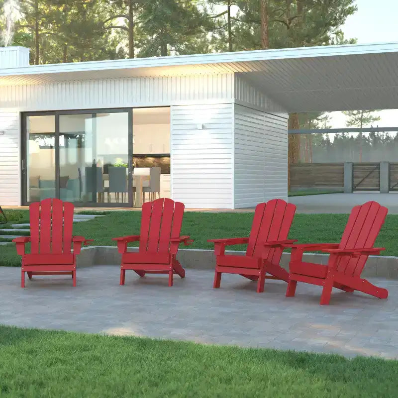 Emma and Oliver Set of 4 Adirondack Chairs with Cup Holders, Weather Resistant HDPE Adirondack Chairs