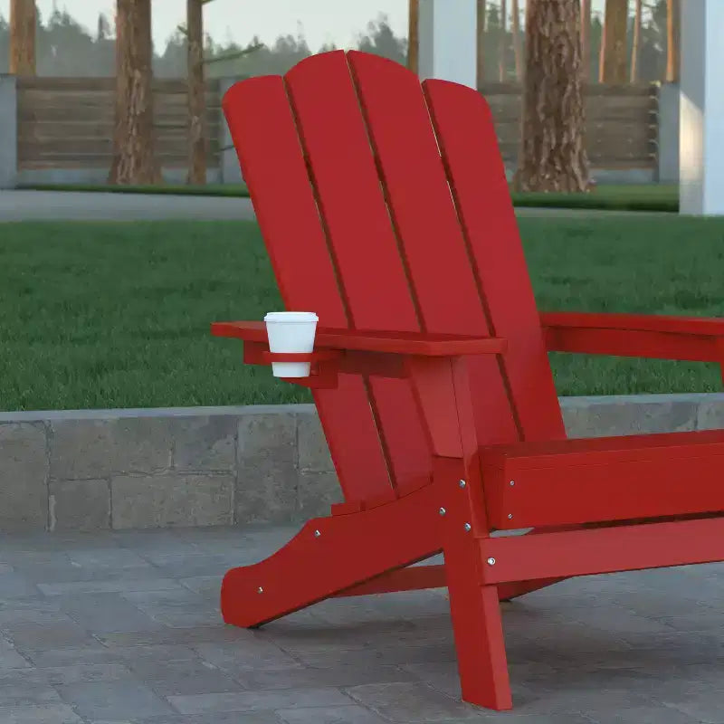 Emma and Oliver Set of 4 Adirondack Chairs with Cup Holders, Weather Resistant HDPE Adirondack Chairs