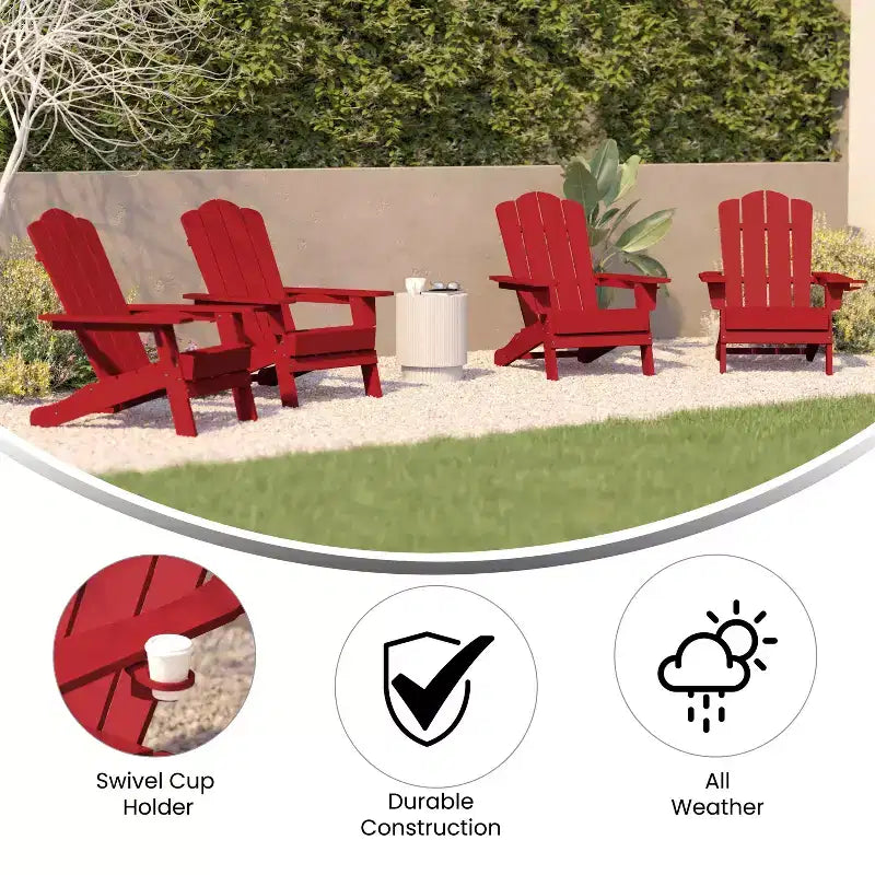 Emma and Oliver Set of 4 Adirondack Chairs with Cup Holders, Weather Resistant HDPE Adirondack Chairs