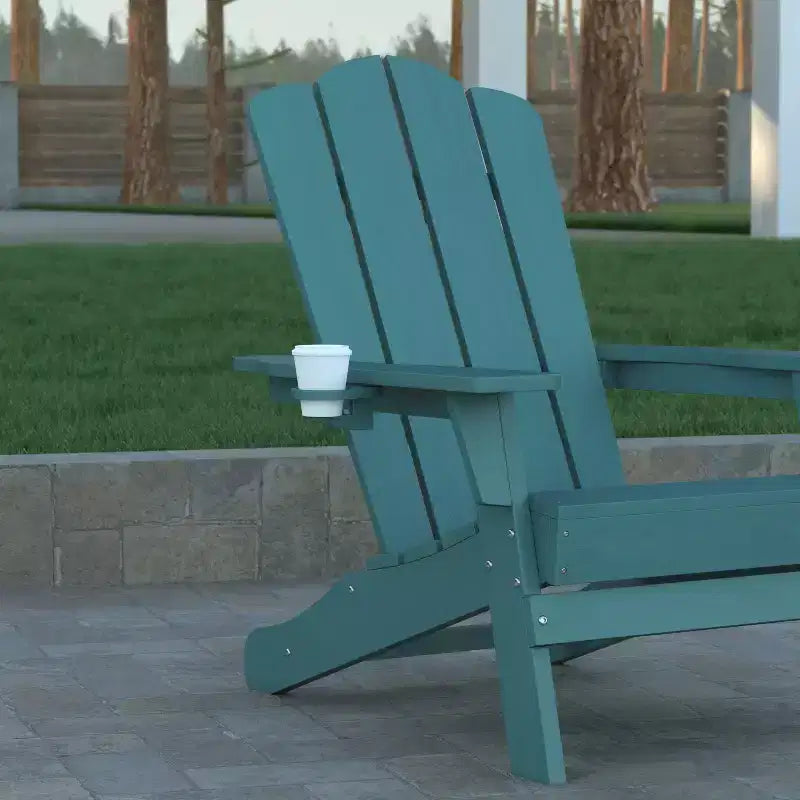 Emma and Oliver Set of 4 Adirondack Chairs with Cup Holders, Weather Resistant HDPE Adirondack Chairs