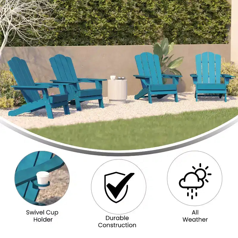 Emma and Oliver Set of 4 Adirondack Chairs with Cup Holders, Weather Resistant HDPE Adirondack Chairs