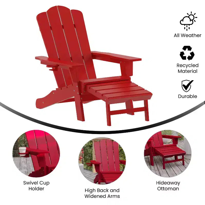 Merrick Lane Adirondack Chair with Cup Holder and Pull Out Ottoman, All-Weather HDPE Indoor/Outdoor Lounge Chair