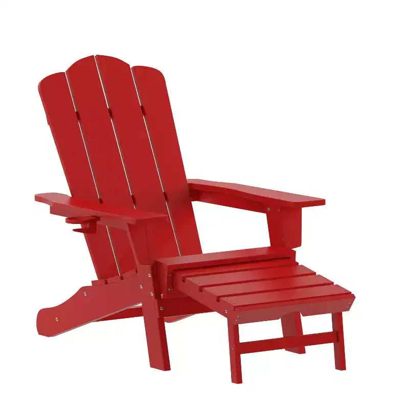 Merrick Lane Adirondack Chair with Cup Holder and Pull Out Ottoman, All-Weather HDPE Indoor/Outdoor Lounge Chair