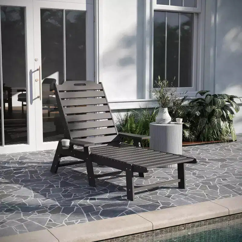 Merrick Lane Gaylord Adjustable Adirondack Lounger with Cup Holder- All-Weather Indoor/Outdoor HDPE Lounge Chair