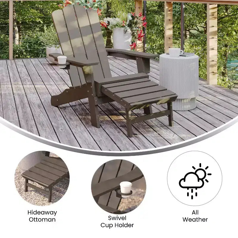 Emma and Oliver Adirondack Chair with Cup Holder and Pull Out Ottoman, All-Weather HDPE Indoor/Outdoor Lounge Chair