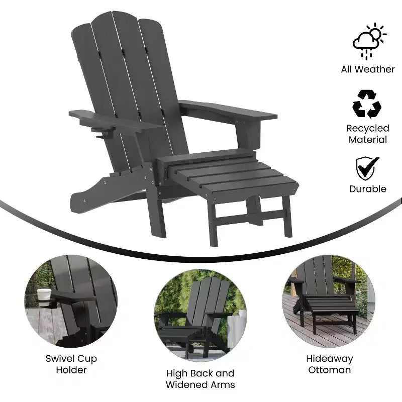 Emma and Oliver Adirondack Chair with Cup Holder and Pull Out Ottoman, All-Weather HDPE Indoor/Outdoor Lounge Chair