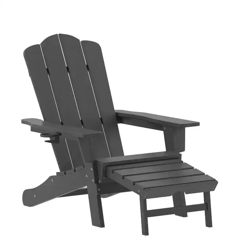 Emma and Oliver Adirondack Chair with Cup Holder and Pull Out Ottoman, All-Weather HDPE Indoor/Outdoor Lounge Chair