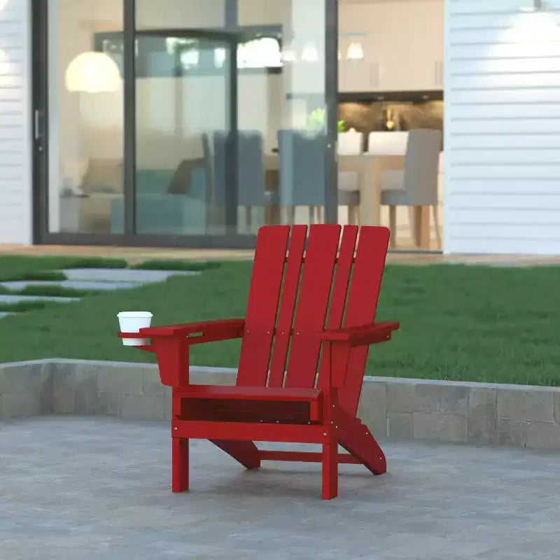 Emma and Oliver Adirondack Chair with Cup Holder, Weather Resistant HDPE Adirondack Chair