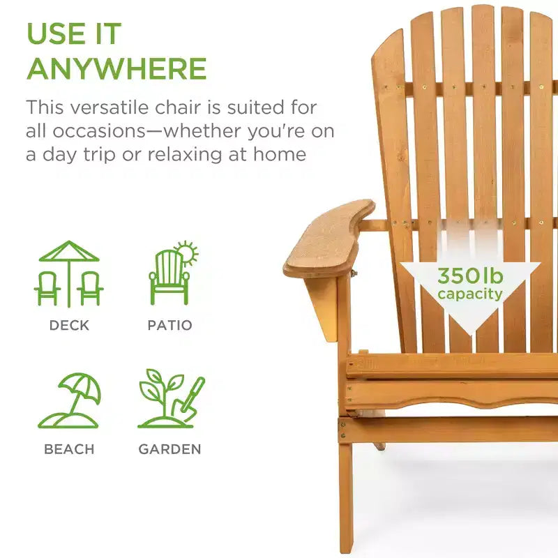 Best Choice Products Folding Adirondack Chair Outdoor, Wooden Accent Lounge Furniture w/ 350lb Capacity