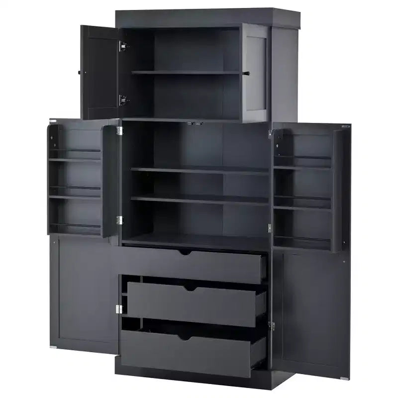 77H Freestanding Kitchen Pantry, Farmhouse Storage Cabinet with Adjustable Shelves, Door Shelves, Drawers & Wine Racks - ModernLuxe