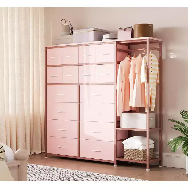 Dresser with 16 Drawers & Hanging Rod & Shelves, Fabric Storage Organizer for Bedroom, Closet, or Entryway