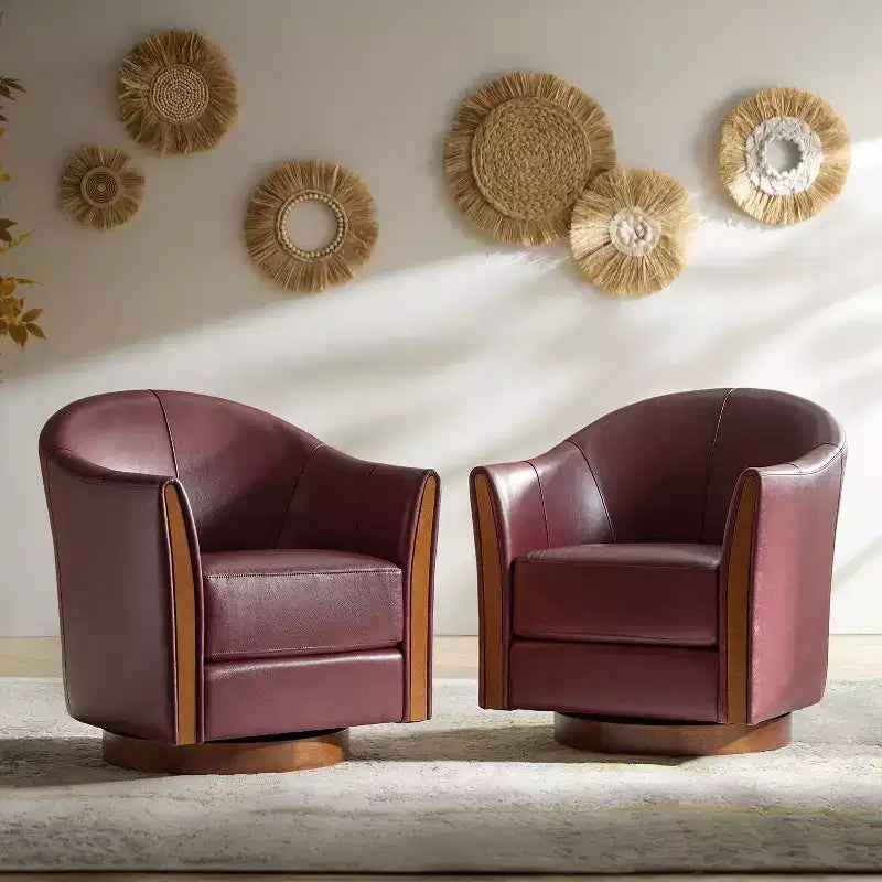 Pocono Transitional Genuine Leather Swivel Barrel Chair With Solid Wood Base Set of 2Artful Living Design