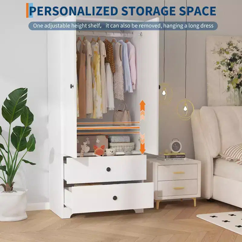 71 Inch Modern Wooden Bedroom Armoire Wardrobe Closet with 2 Doors 2 Drawers Adjustable Shelves Clothing Storage Cabinet and Hanging Rod