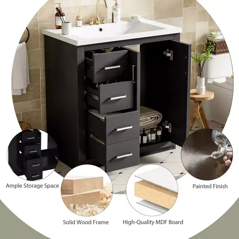 Meuble-lavabo de salle de bain à évier simple de 76 cm avec armoire et 3 tiroirs – Noir / Bleu / Vert / Indigo / Blanc
