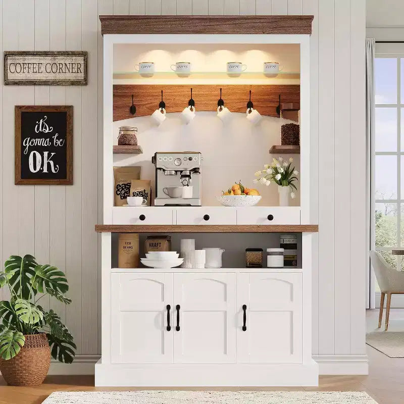 72 Tall Farmhouse Style Coffee Bar Cabinet with LED Lights, Kitchen Buffet Featuring Doors and Drawer, Adjustable Shelves, Spacious Storage