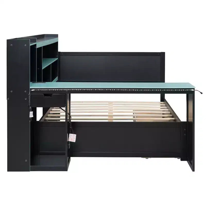 Full/Queen Gaming Daybed with Bookcase Headboard, LED Lights, Integrated Desk, Drawers and Charging Station